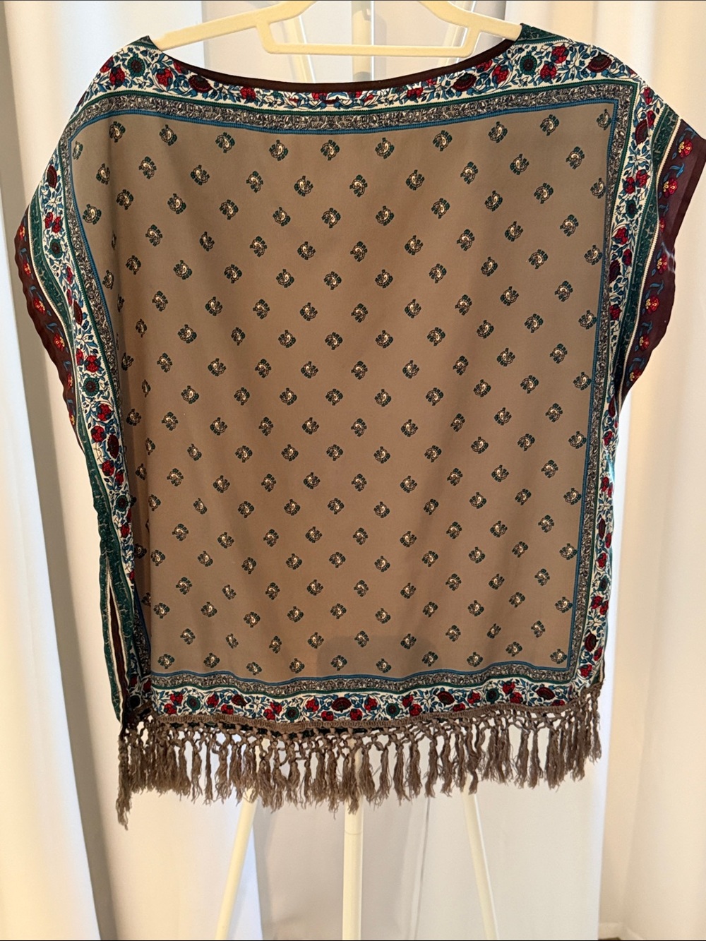 Boho Fringe Border Tunic Top - Taupe with Multi Accents